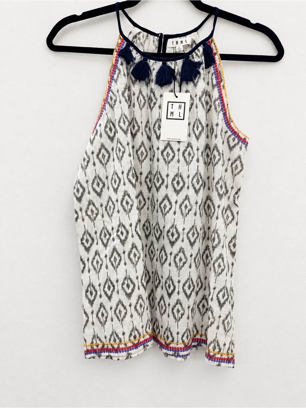 THML White Dress with Navy Tassels and Multicolor Trim